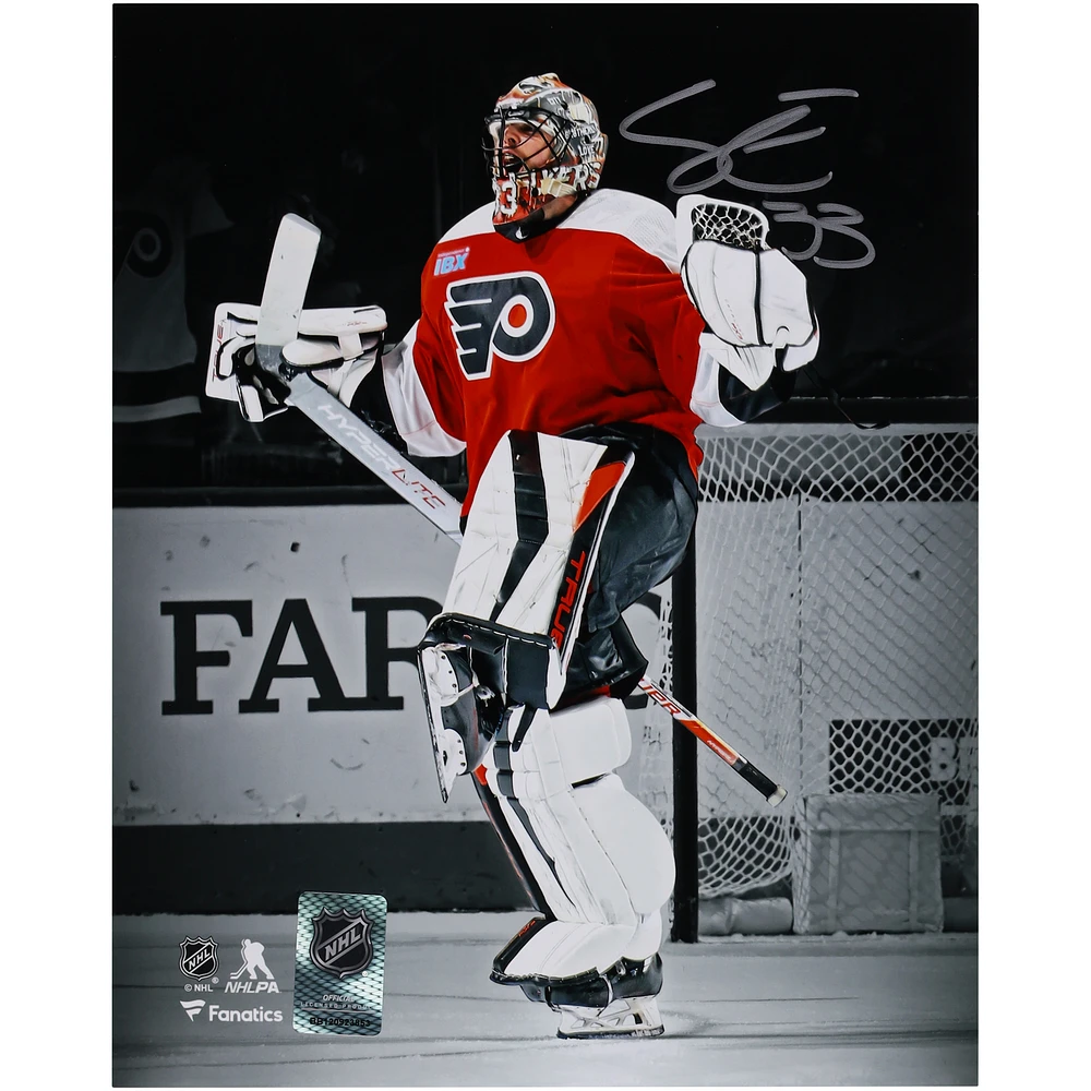 Samuel Ersson Philadelphia Flyers Autographed 8" x 10" Orange Jersey Celebrating Spotlight Photograph