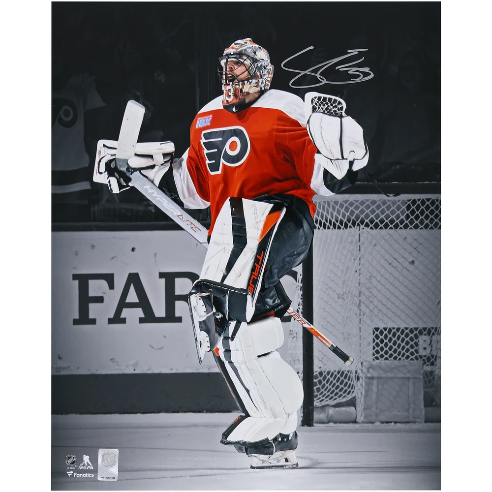 Samuel Ersson Philadelphia Flyers Autographed 16" x 20" Orange Jersey Celebrating Spotlight Photograph