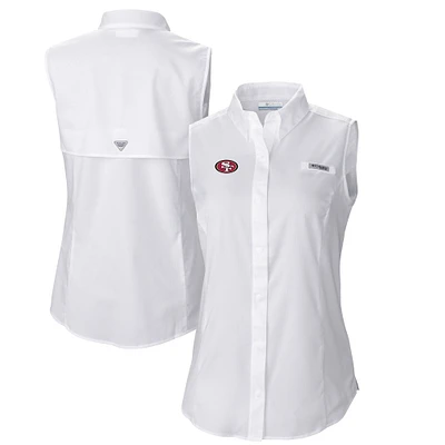 Women's Columbia White San Francisco 49ers PFG Tamiami Omni-Shade Sleeveless Button-Up Shirt