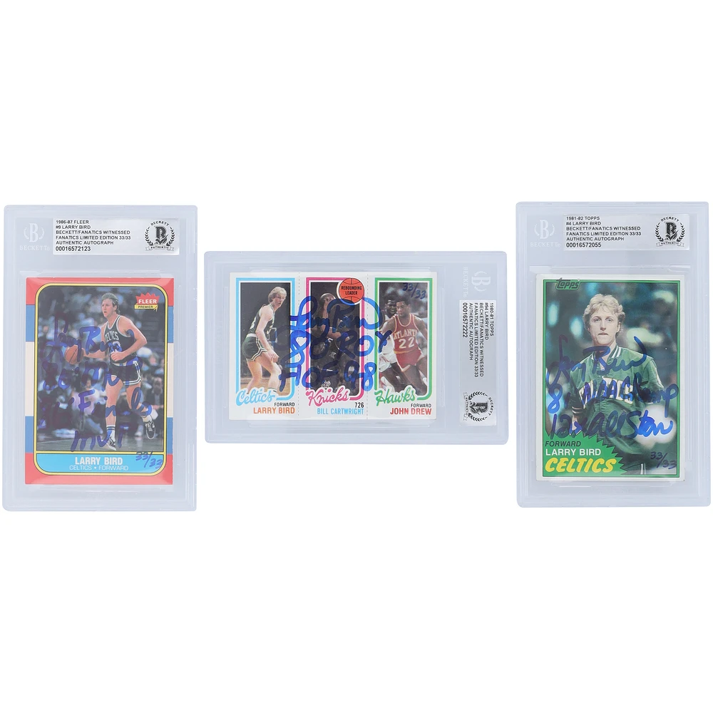 Larry Bird Boston Celtics Autographed 1986-87, 1980-81, 1981-82 Topps Fleer Set #9,94,4 #33/33 Beckett Fanatics Witnessed Authenticated 3 Card Set with Multiple Inscriptions