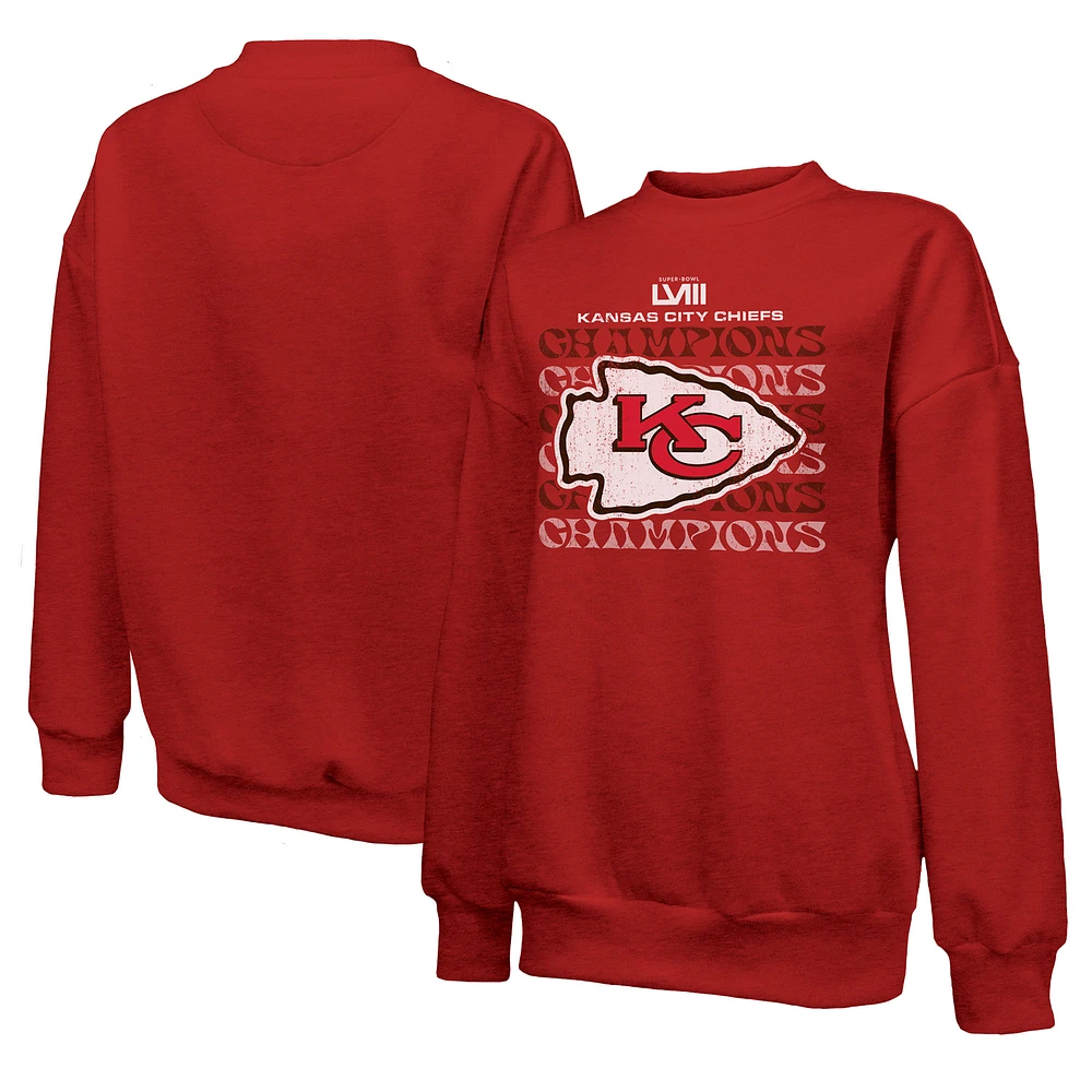 Women's Majestic Threads Red Kansas City Chiefs Super Bowl LVIII Champions Retro Repeat Pullover Sweatshirt