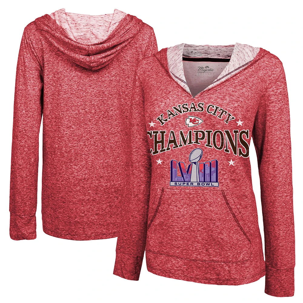 Women's Majestic Threads Red Kansas City Chiefs Super Bowl LVIII Champions Dunk Slub Pullover V-Neck Hoodie