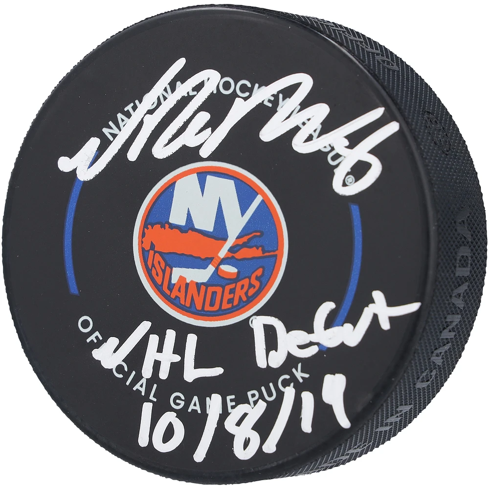 Noah Dobson New York Islanders Autographed Official Game Puck with "NHL Debut 10/8/19" Inscription