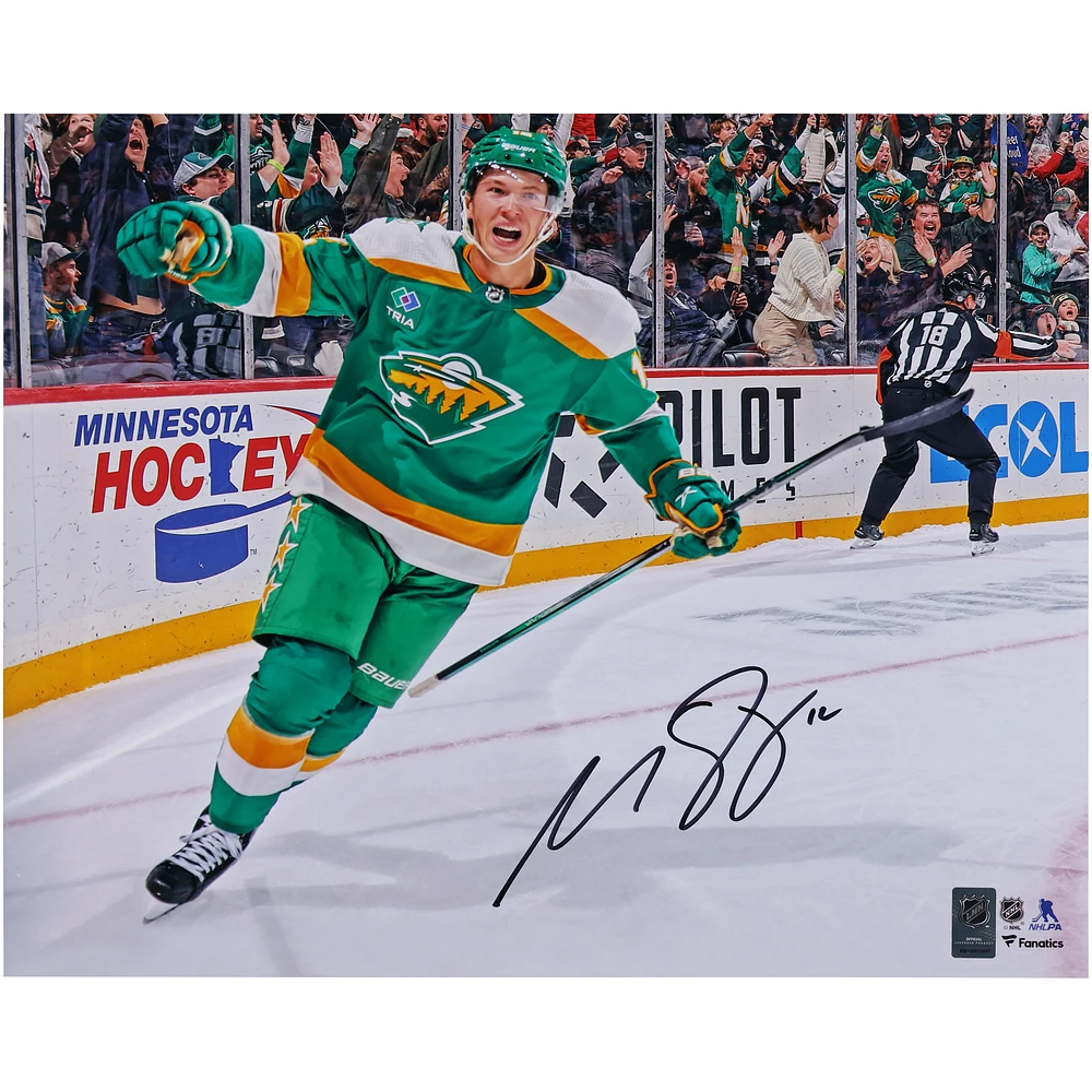 Matthew Boldy Minnesota Wild Autographed 16" x 20" Green Alternate Jersey Celebration Photograph