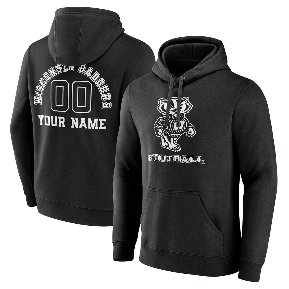Men's Black Wisconsin Badgers Personalized Name & Number Monochrome Pullover Hoodie