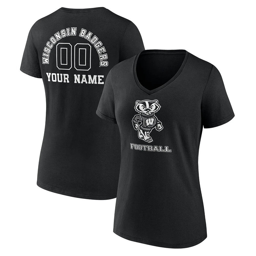 Women's Black Wisconsin Badgers Personalized Name & Number Monochrome V-Neck T-Shirt