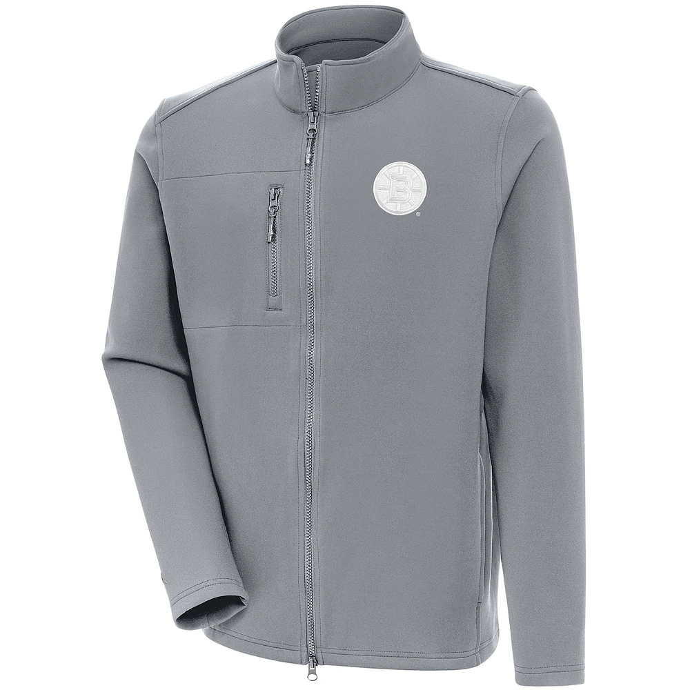 Men's Antigua Gray Boston Bruins White Logo Objection Full-Zip Jacket
