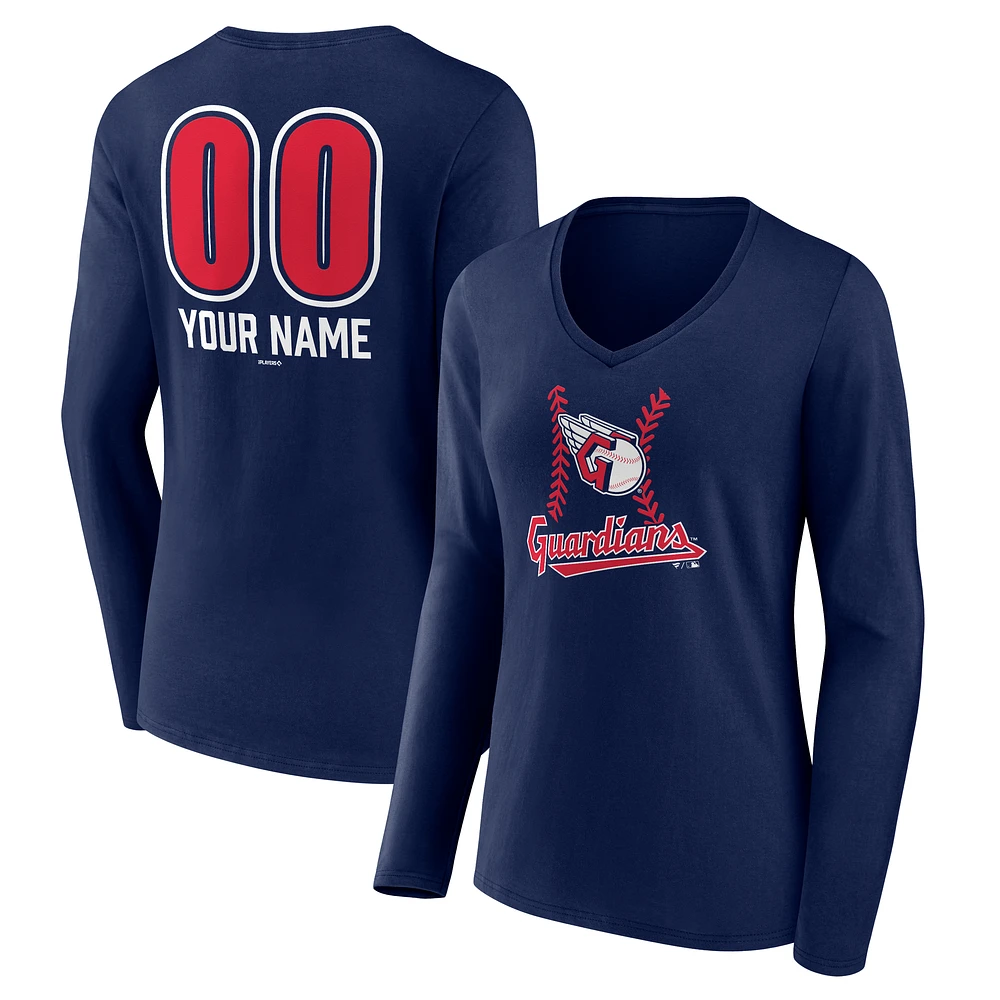 Women's Navy Cleveland Guardians Personalized Name & Number Fastball Long Sleeve V-Neck T-Shirt