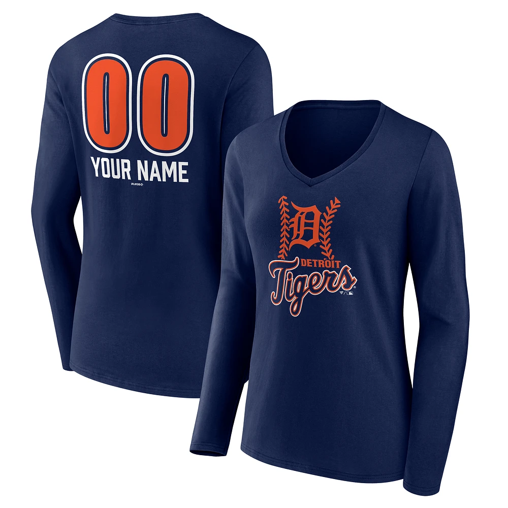Women's Navy Detroit Tigers Personalized Name & Number Fastball Long Sleeve V-Neck T-Shirt