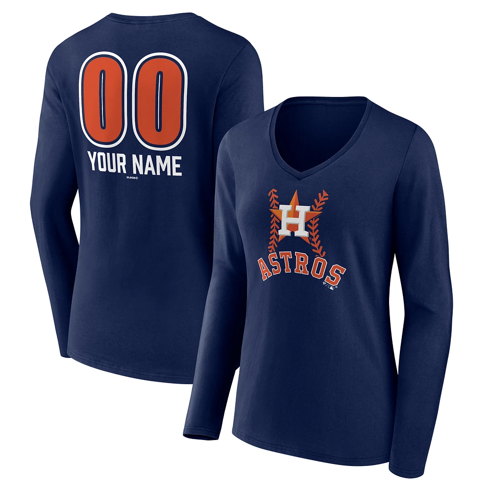 Women's Navy Houston Astros Personalized Name & Number Fastball Long Sleeve V-Neck T-Shirt