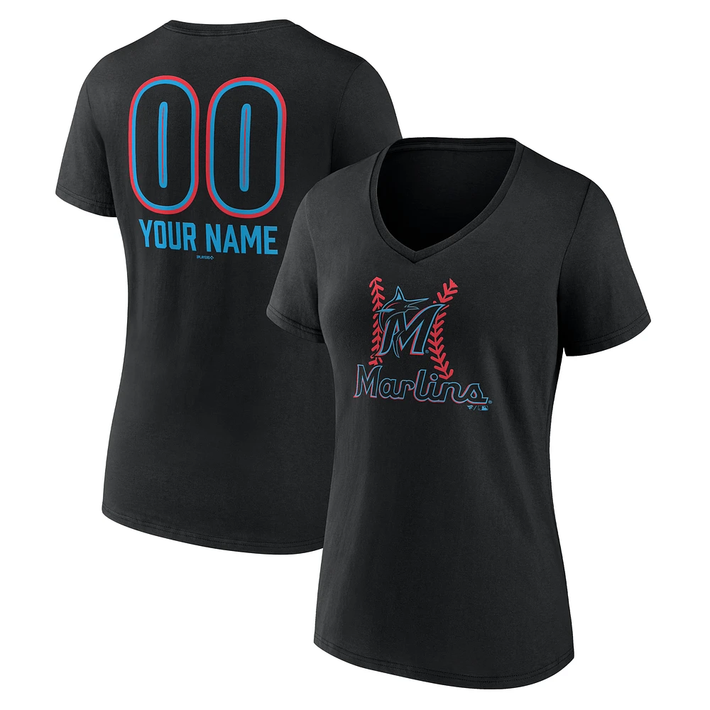 Women's Black Miami Marlins Personalized Name & Number Fastball V-Neck T-Shirt