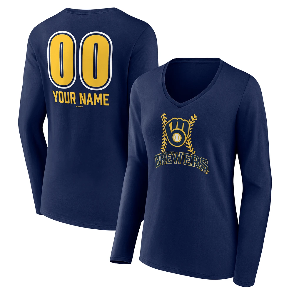 Women's Navy Milwaukee Brewers Personalized Name & Number Fastball Long Sleeve V-Neck T-Shirt