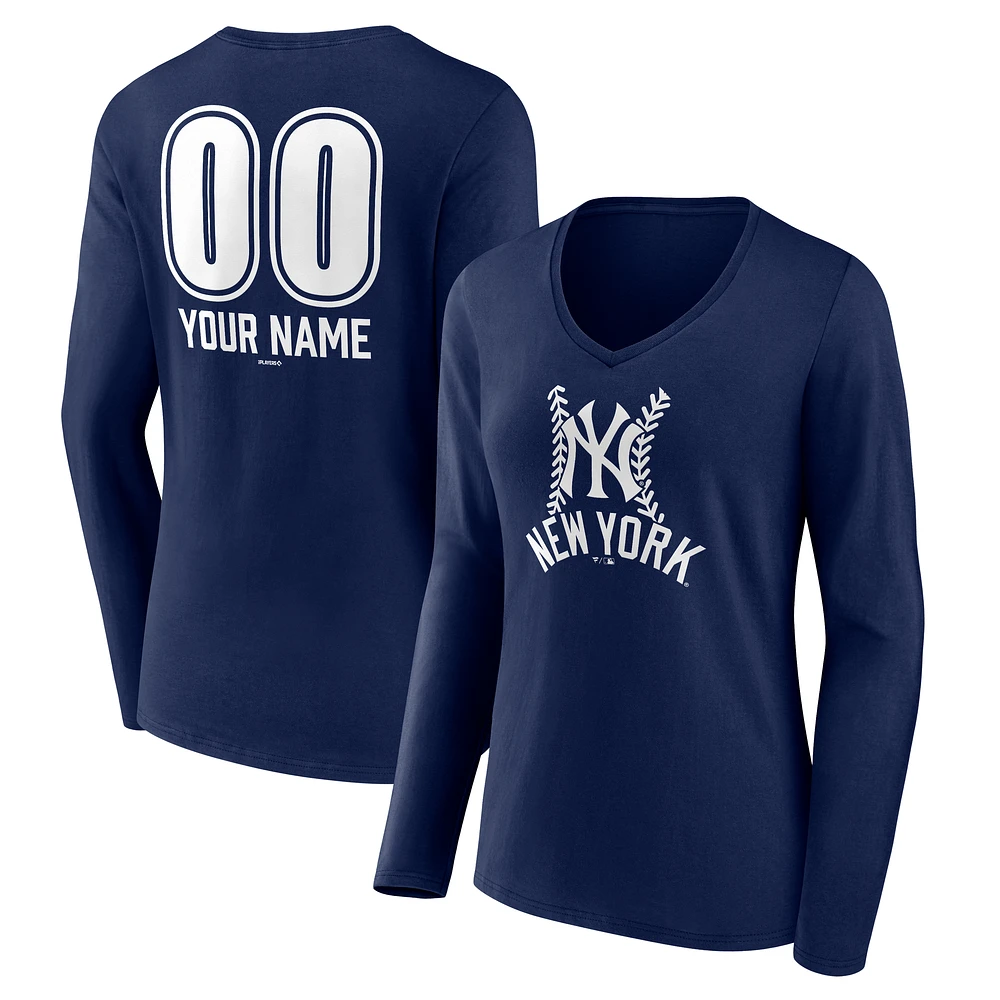 Women's Navy New York Yankees Personalized Name & Number Fastball Long Sleeve V-Neck T-Shirt