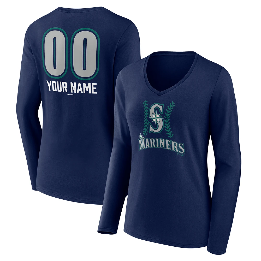 Women's Navy Seattle Mariners Personalized Name & Number Fastball Long Sleeve V-Neck T-Shirt