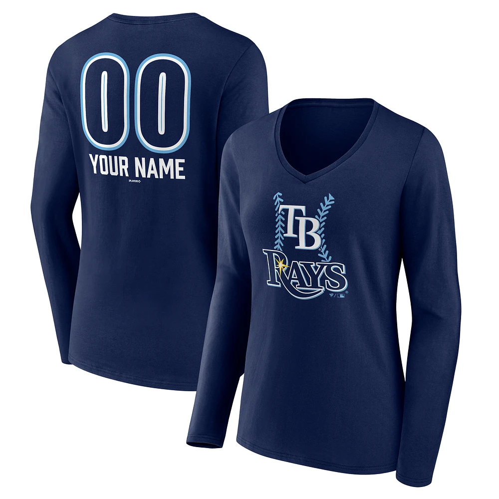 Women's Navy Tampa Bay Rays Personalized Name & Number Fastball Long Sleeve V-Neck T-Shirt