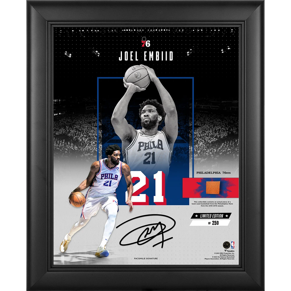 Joel Embiid Philadelphia 76ers Facsimile Signature Framed 11" x 14" Impact Collage with a Piece of Team-Used Basketball - Limited Edition of 250