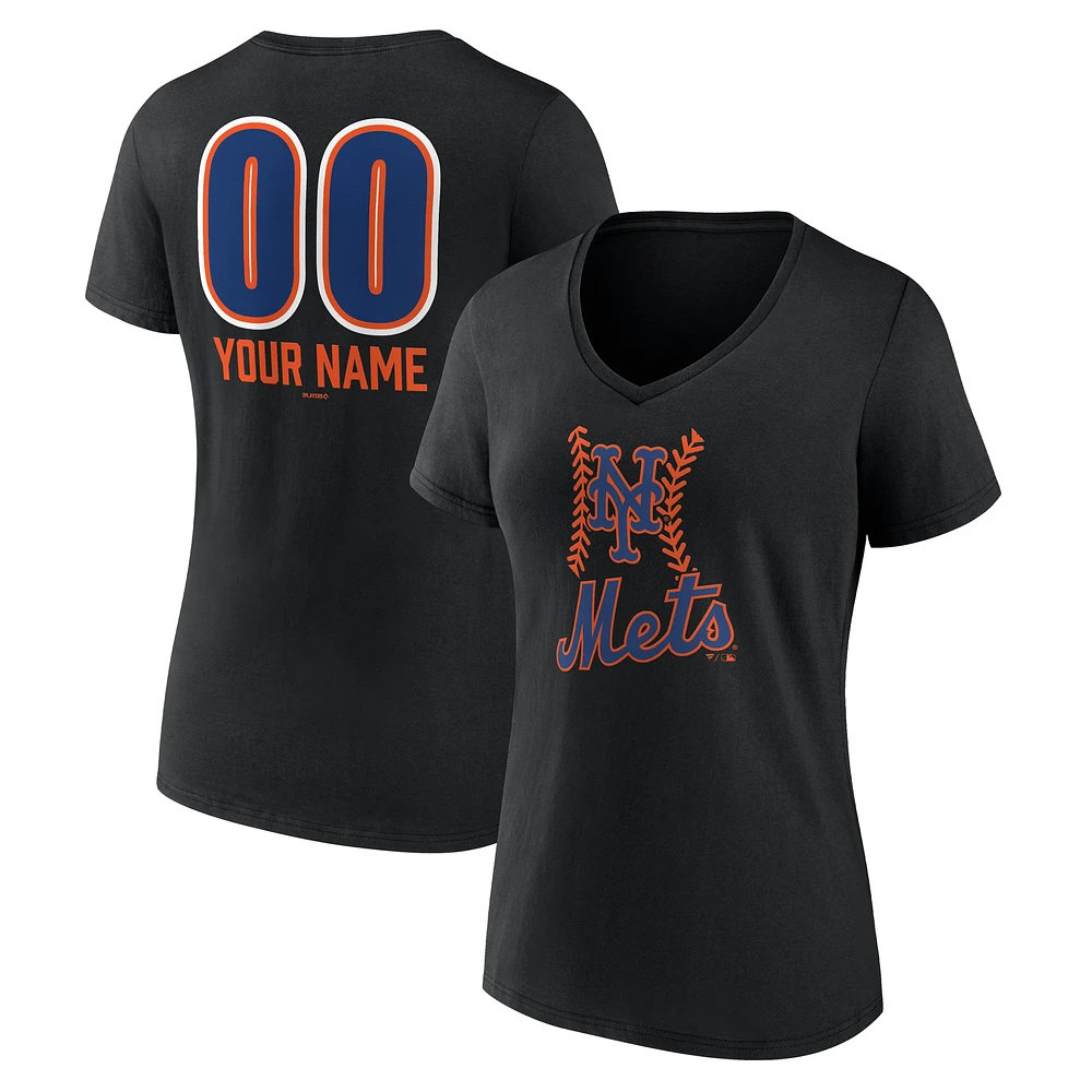 Women's Black New York Mets Personalized Name & Number Fastball V-Neck T-Shirt