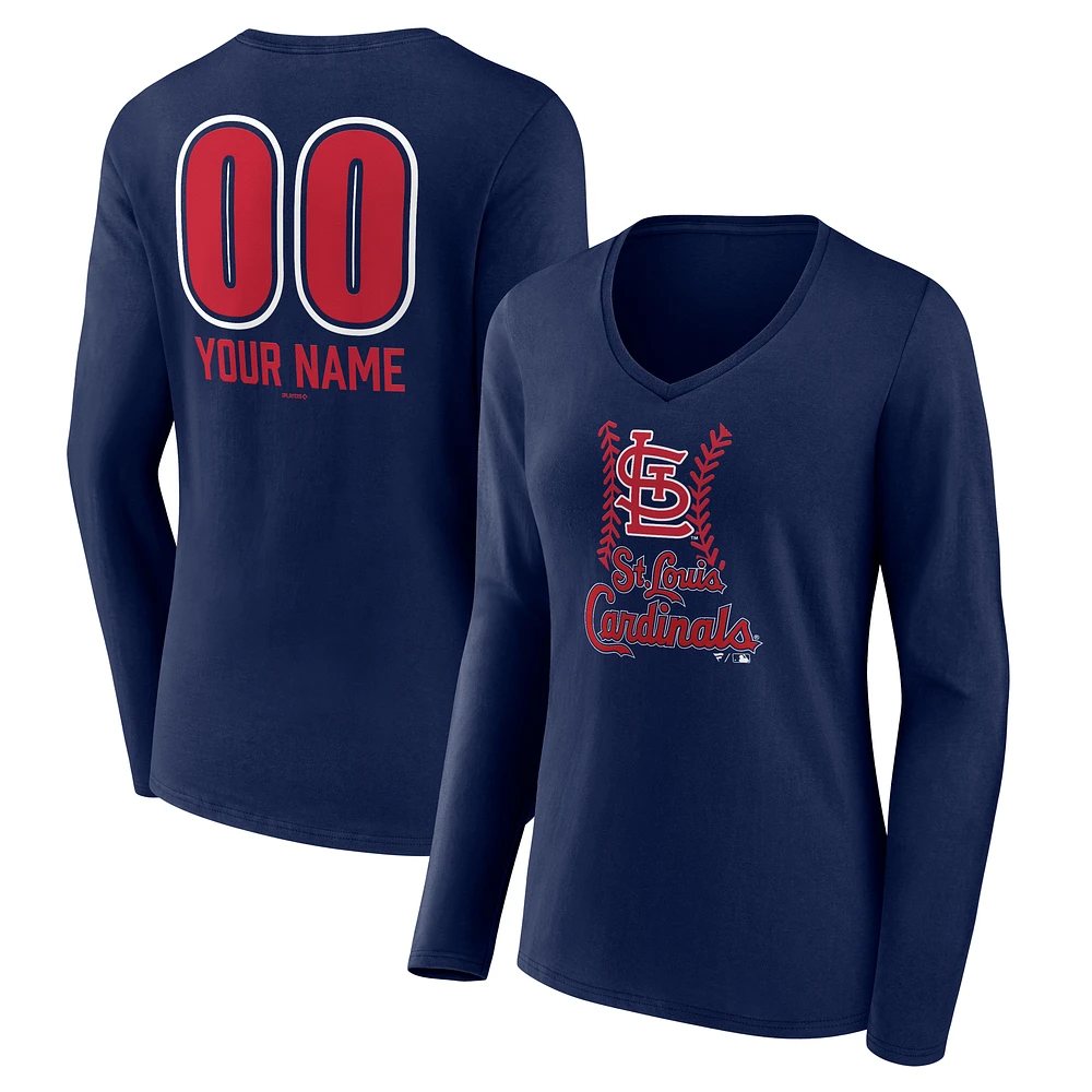 Women's Navy St. Louis Cardinals Personalized Name & Number Fastball Long Sleeve V-Neck T-Shirt