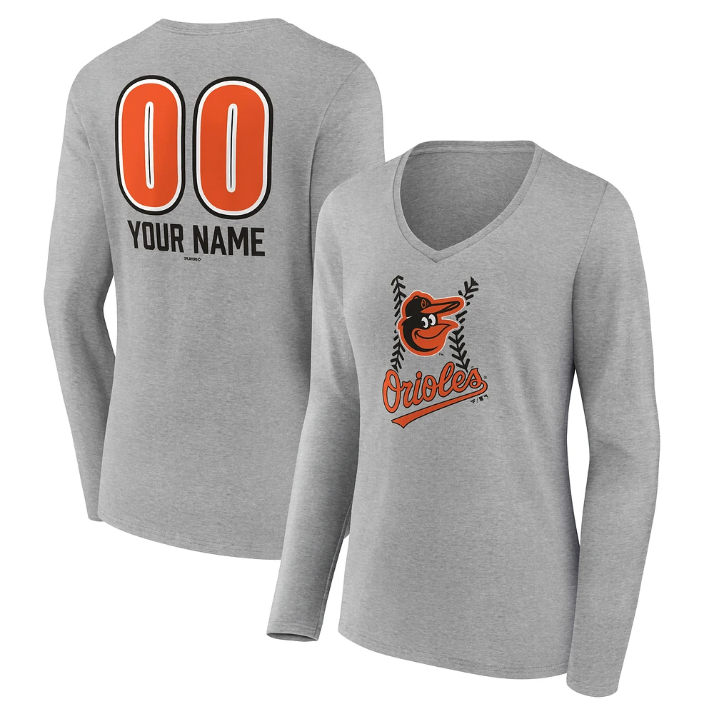 Women's Gray Baltimore Orioles Personalized Name & Number Fastball Long Sleeve V-Neck T-Shirt