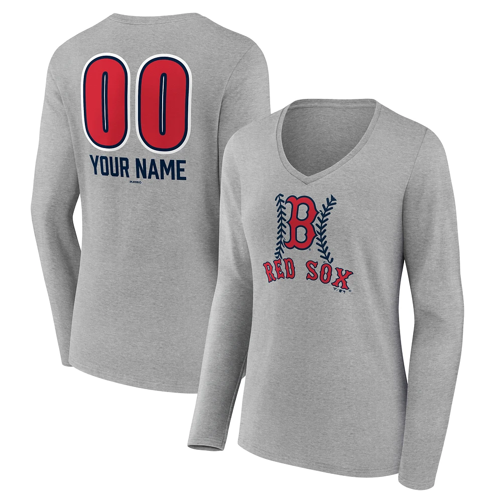 Women's Gray Boston Red Sox Personalized Name & Number Fastball Long Sleeve V-Neck T-Shirt