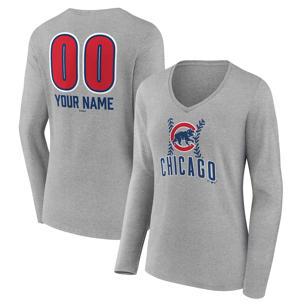 Women's Gray Chicago Cubs Personalized Name & Number Fastball Long Sleeve V-Neck T-Shirt