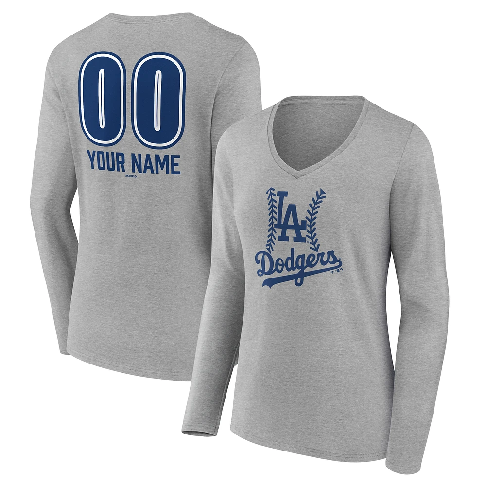 Women's Gray Los Angeles Dodgers Personalized Name & Number Fastball Long Sleeve V-Neck T-Shirt