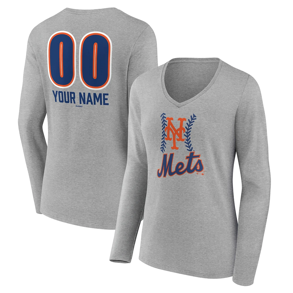 Women's Gray New York Mets Personalized Name & Number Fastball Long Sleeve V-Neck T-Shirt