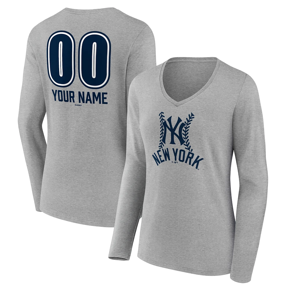 Women's Gray New York Yankees Personalized Name & Number Fastball Long Sleeve V-Neck T-Shirt
