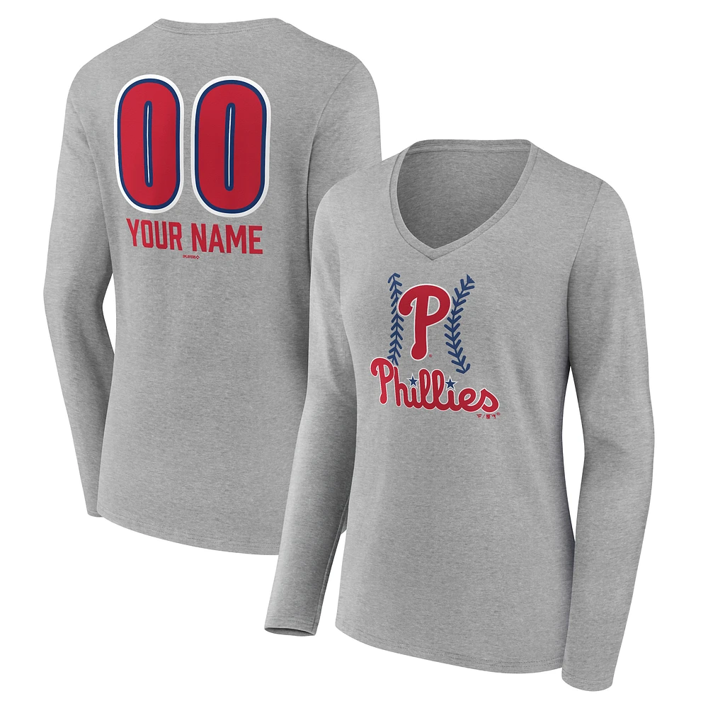 Women's Gray Philadelphia Phillies Personalized Name & Number Fastball Long Sleeve V-Neck T-Shirt