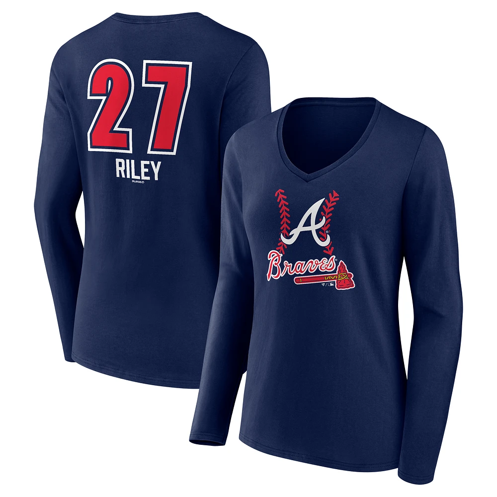 Women's Austin Riley Navy Atlanta Braves Fastball Player Name & Number Long Sleeve V-Neck T-Shirt