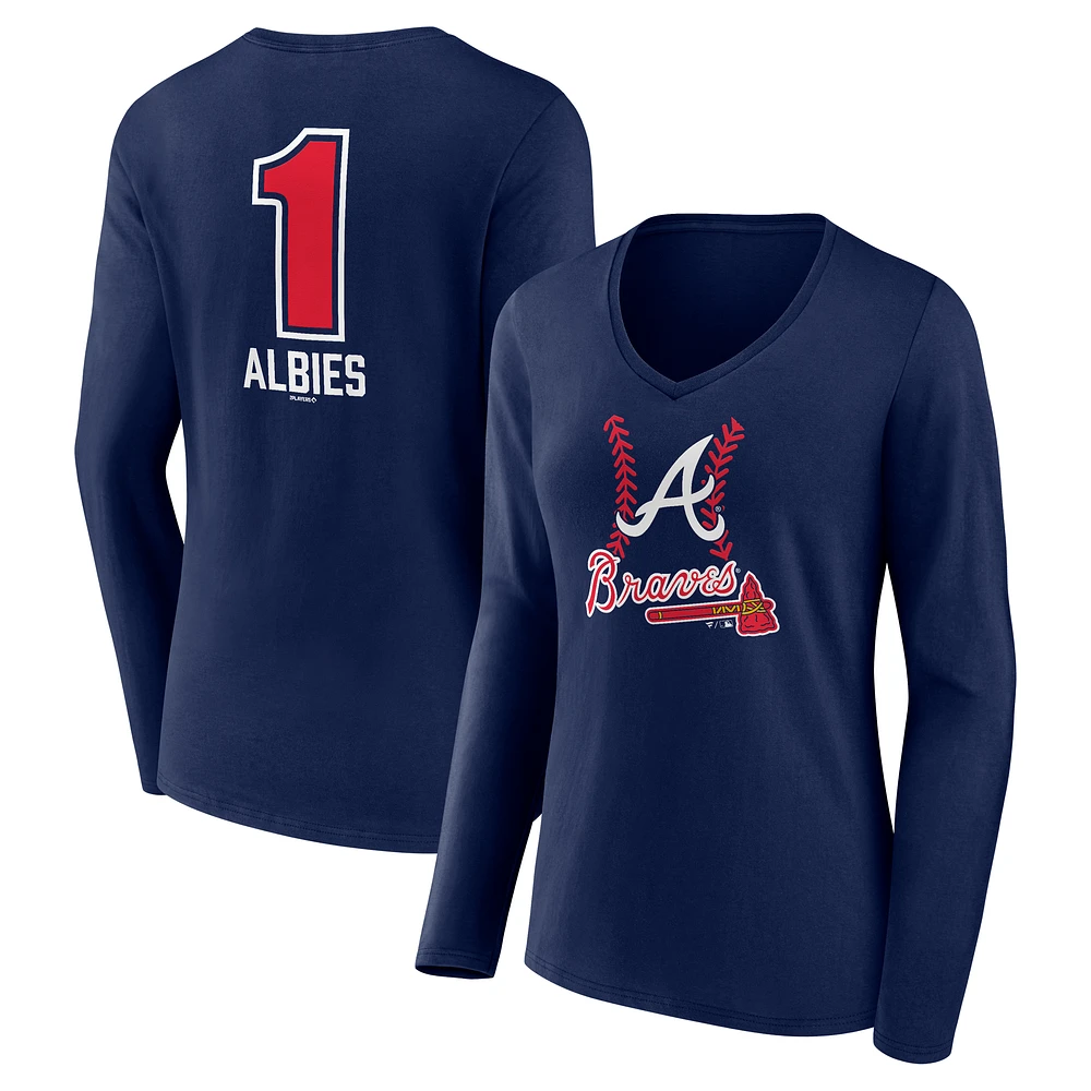 Women's Ozzie Albies Navy Atlanta Braves Fastball Player Name & Number Long Sleeve V-Neck T-Shirt
