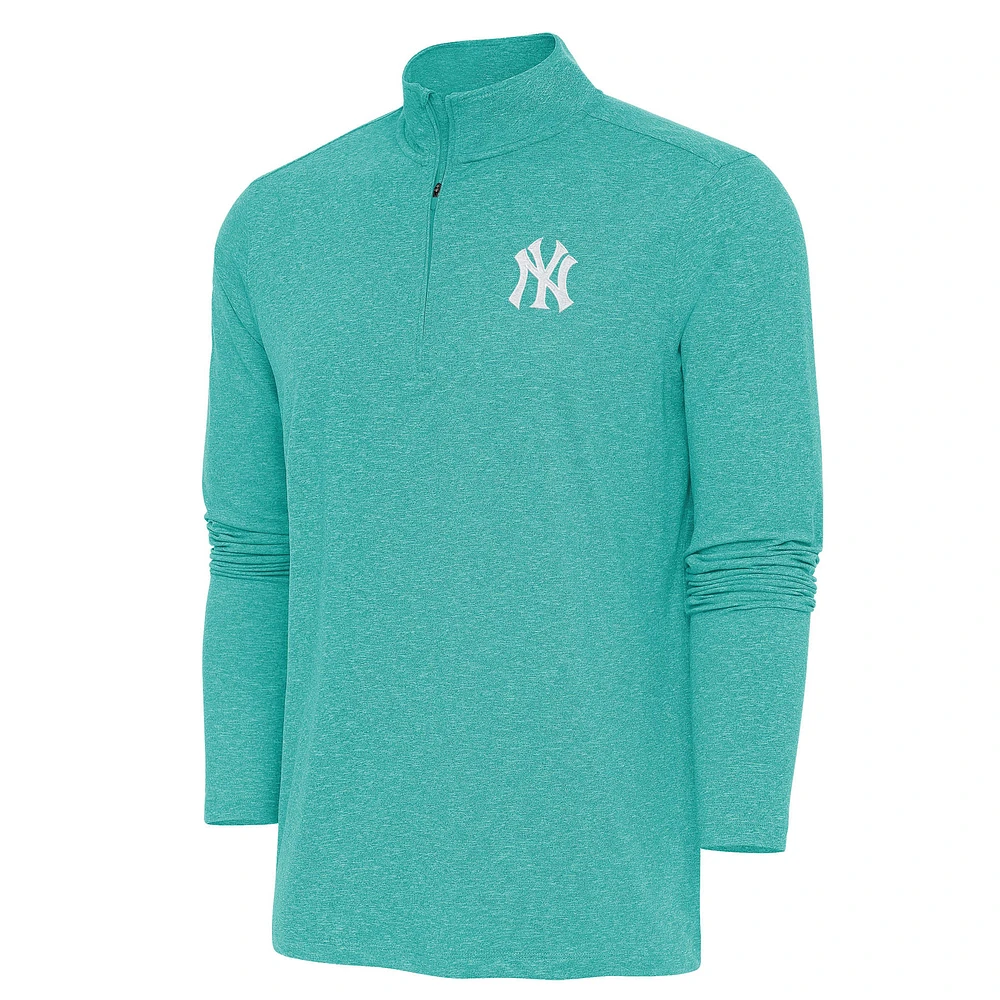 Men's Antigua Heather Aqua New York Yankees Hunk Quarter-Zip Top
