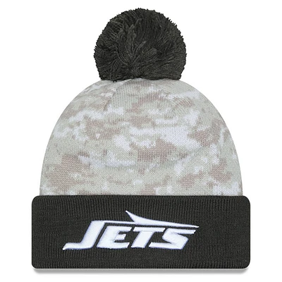 Men's New Era White/Graphite New York Jets 2024 Salute To Service Digital Camo Cuffed Knit Hat with Pom