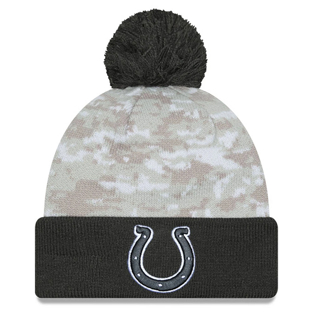 Men's New Era White/Graphite Indianapolis Colts 2024 Salute To Service Digital Camo Cuffed Knit Hat with Pom