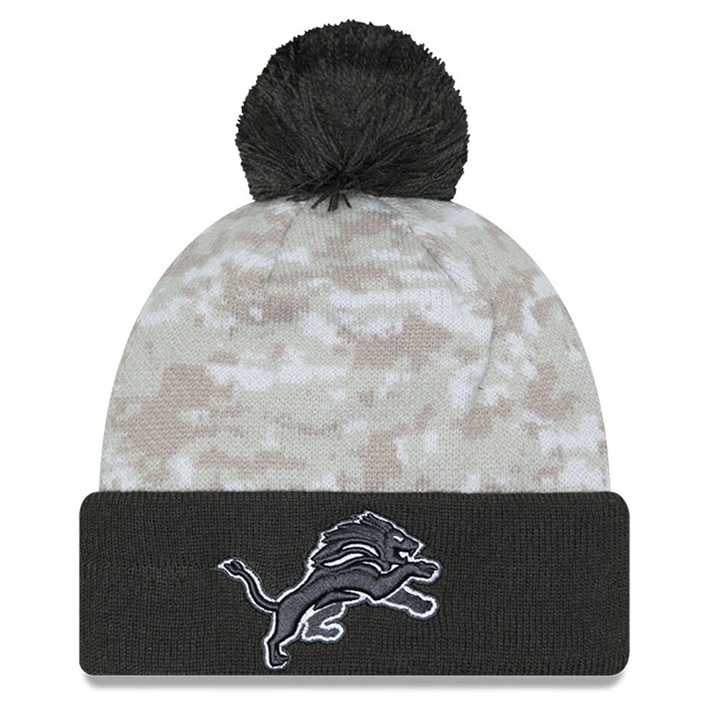 Men's New Era White/Graphite Detroit Lions 2024 Salute To Service Digital Camo Cuffed Knit Hat with Pom