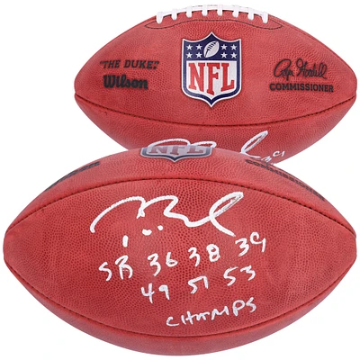 Tom Brady New England Patriots Autographed Duke Full Color Football with "SB 36 38 39 49 51 53 Champs" Inscription