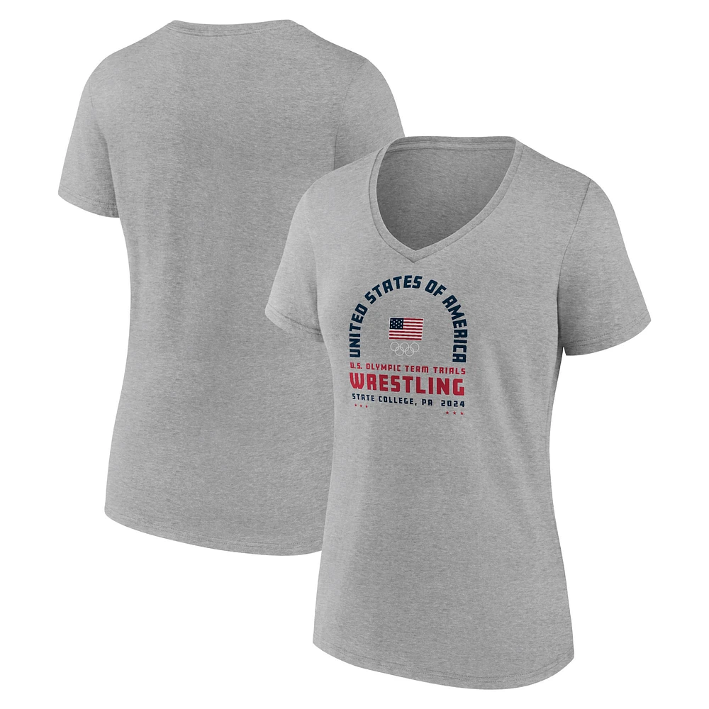 Women's Gray Team USA U.S. Olympic Wrestling Trials Combat Arch V-Neck T-Shirt