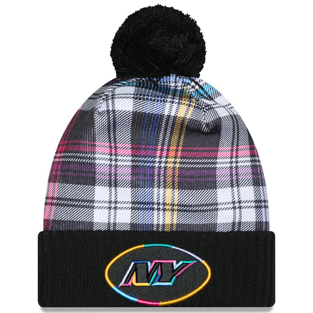 Youth New Era Black New York Jets 2024 NFL Crucial Catch Plaid Cuffed Pom Knit Hat