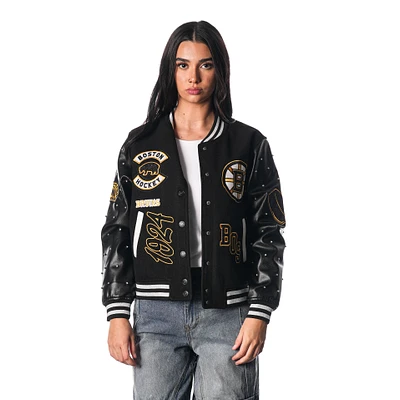 Women's The Wild Collective Black Boston Bruins Full-Snap Varsity Jacket