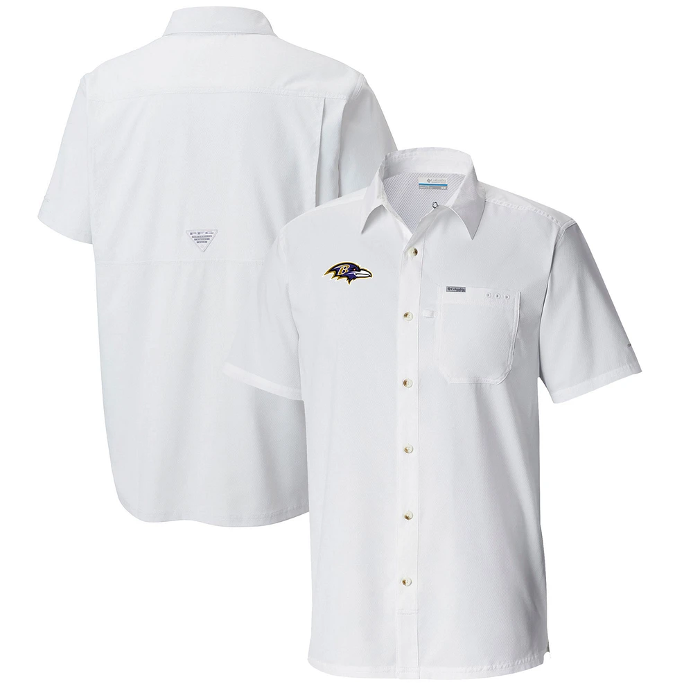 Men's Columbia White Baltimore Ravens Slack Tide Omni-Wick Button-Up Camp Shirt