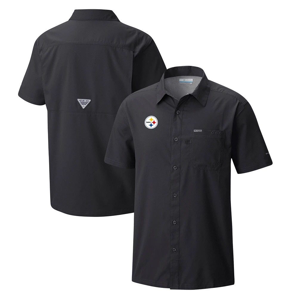 Men's Columbia Black Pittsburgh Steelers Slack Tide Omni-Wick Button-Up Camp Shirt