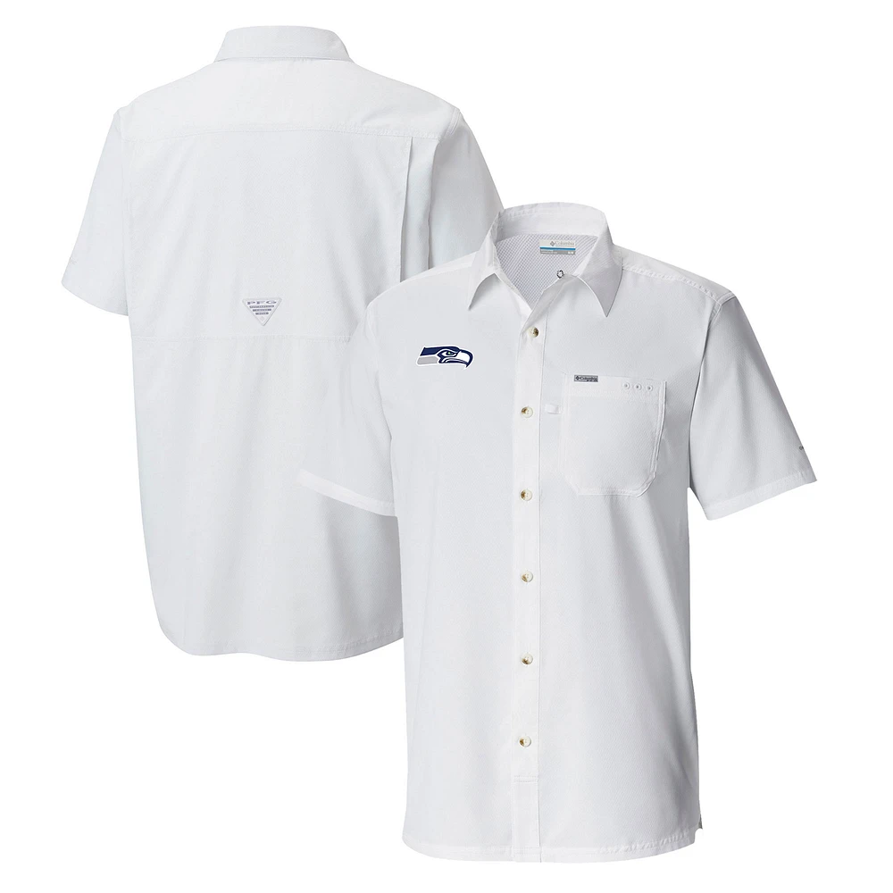 Men's Columbia White Seattle Seahawks Slack Tide Omni-Wick Button-Up Camp Shirt