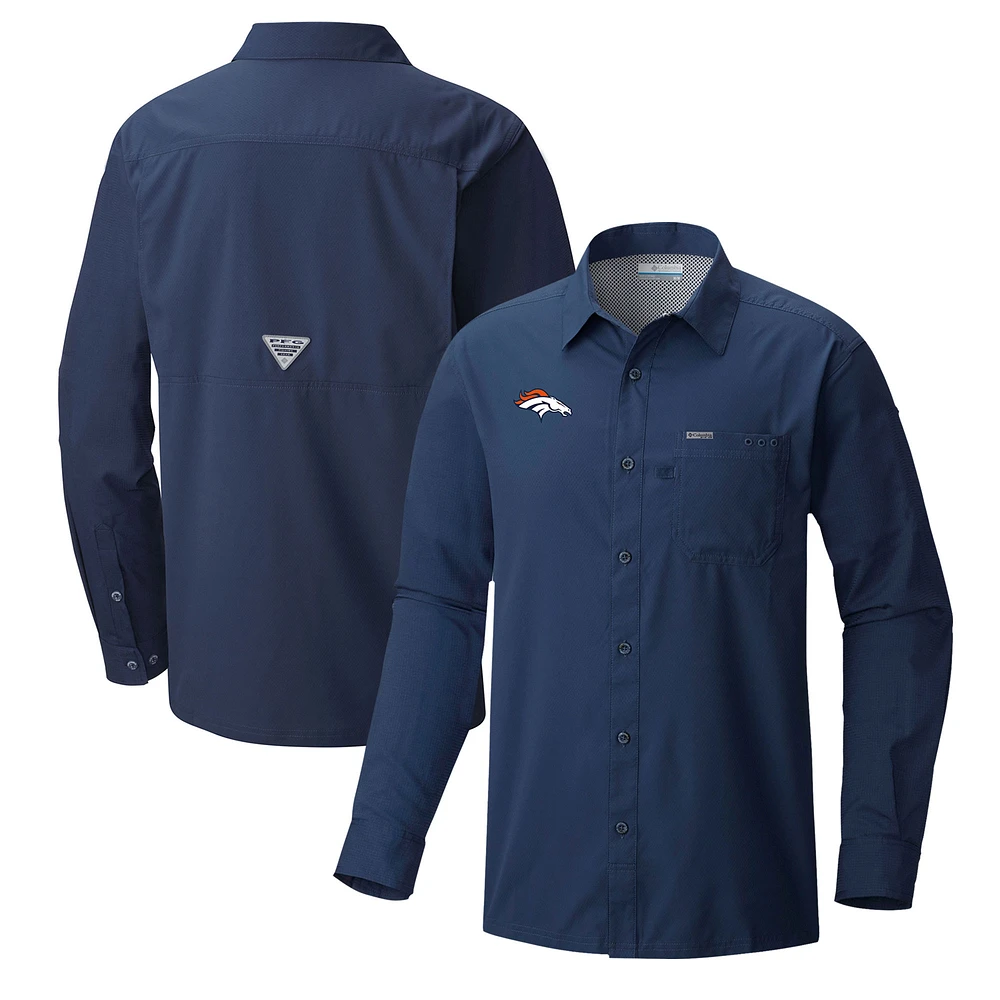 Men's Columbia Navy Denver Broncos Slack Tide Omni-Wick Long Sleeve Button-Up Shirt
