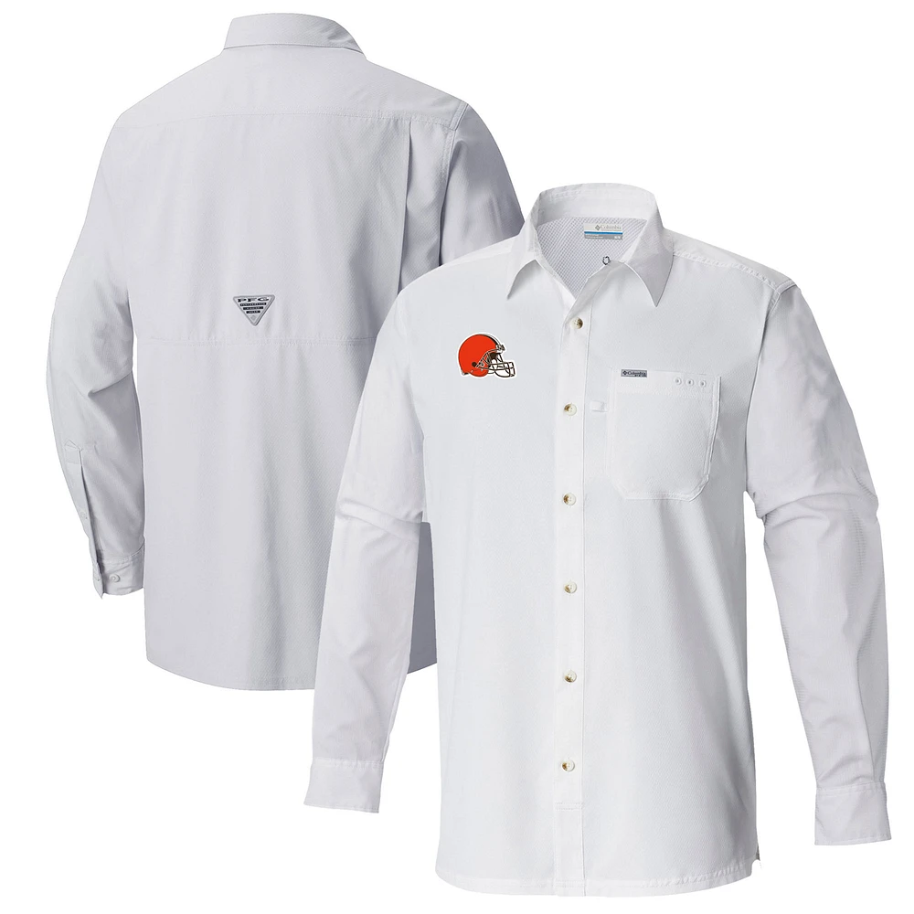 Men's Columbia White Cleveland Browns Slack Tide Omni-Wick Long Sleeve Button-Up Shirt