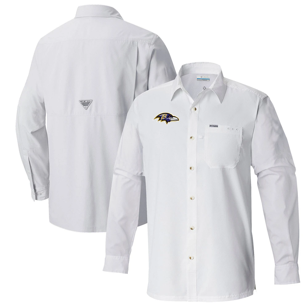 Men's Columbia White Baltimore Ravens Slack Tide Omni-Wick Long Sleeve Button-Up Shirt