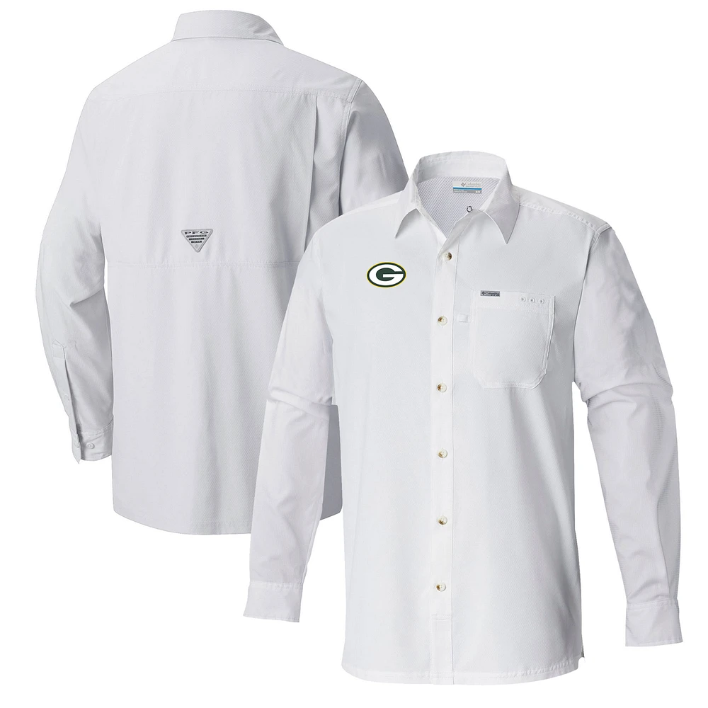 Men's Columbia White Green Bay Packers Slack Tide Omni-Wick Long Sleeve Button-Up Shirt