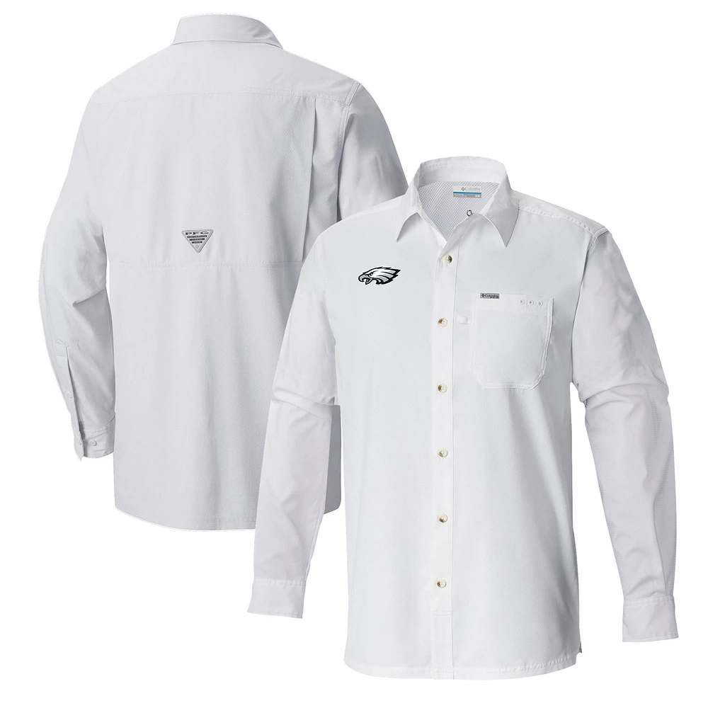 Men's Columbia White Philadelphia Eagles Slack Tide Omni-Wick Long Sleeve Button-Up Shirt
