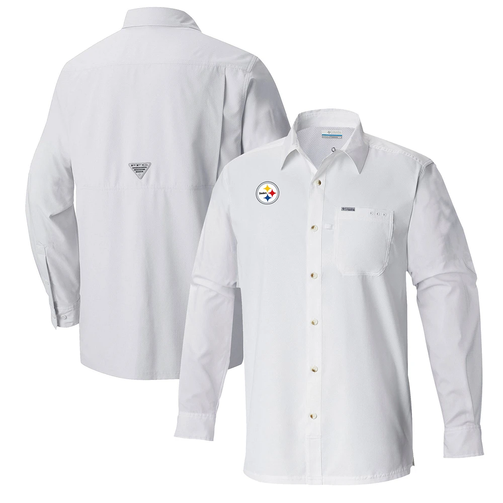 Men's Columbia White Pittsburgh Steelers Slack Tide Omni-Wick Long Sleeve Button-Up Shirt