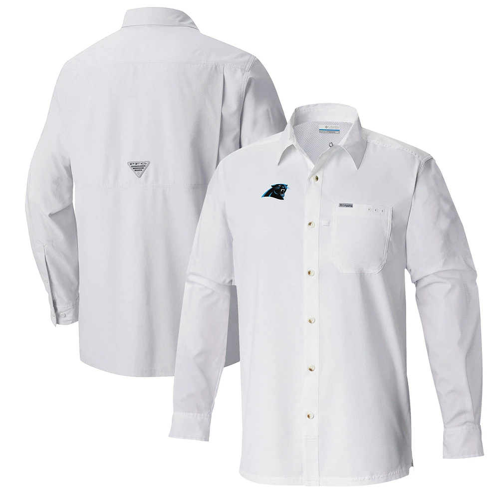 Men's Columbia White Carolina Panthers Slack Tide Omni-Wick Long Sleeve Button-Up Shirt