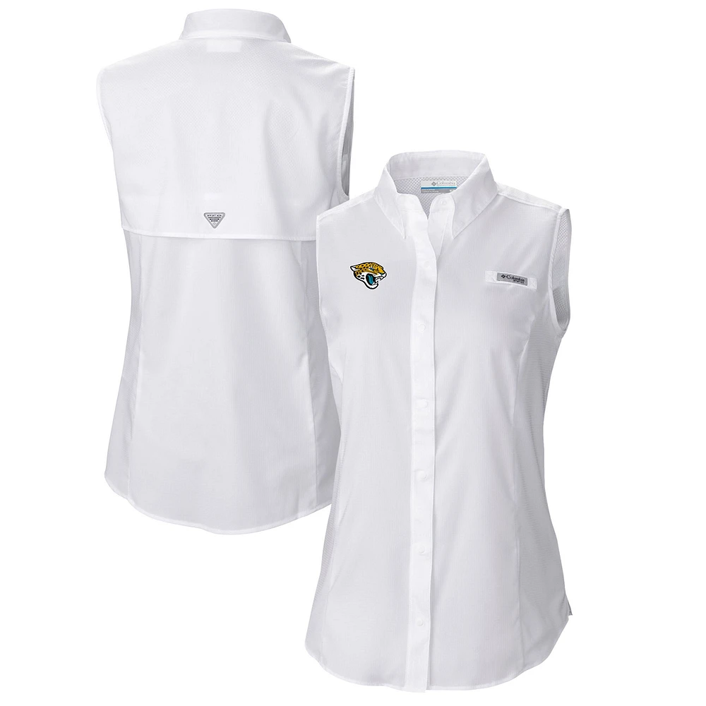 Women's Columbia White Jacksonville Jaguars PFG Tamiami Omni-Shade Sleeveless Button-Up Shirt
